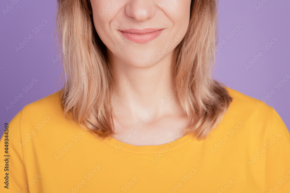 Closeup cropped photo of beautiful woman lips correction isolated on violet color background Closeup cropped photo of beautiful woman lips correction isolated on violet color background