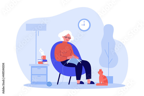 Red-haired cat watching how grandmother knitting. Flat vector illustration. Elderly woman resting in armchair and knitting clothes from yarn at home. Comfort, pet, knitting, hobbies, old age concept