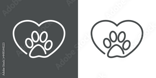 Asistencia sanitaria para mascotas. Logotipo lineal zarpa de gato con corazón en fondo gris y fondo blanco