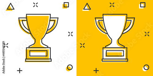 Vector cartoon trophy cup icon in comic style. Winner sign illustration pictogram. Award prize business splash effect concept.