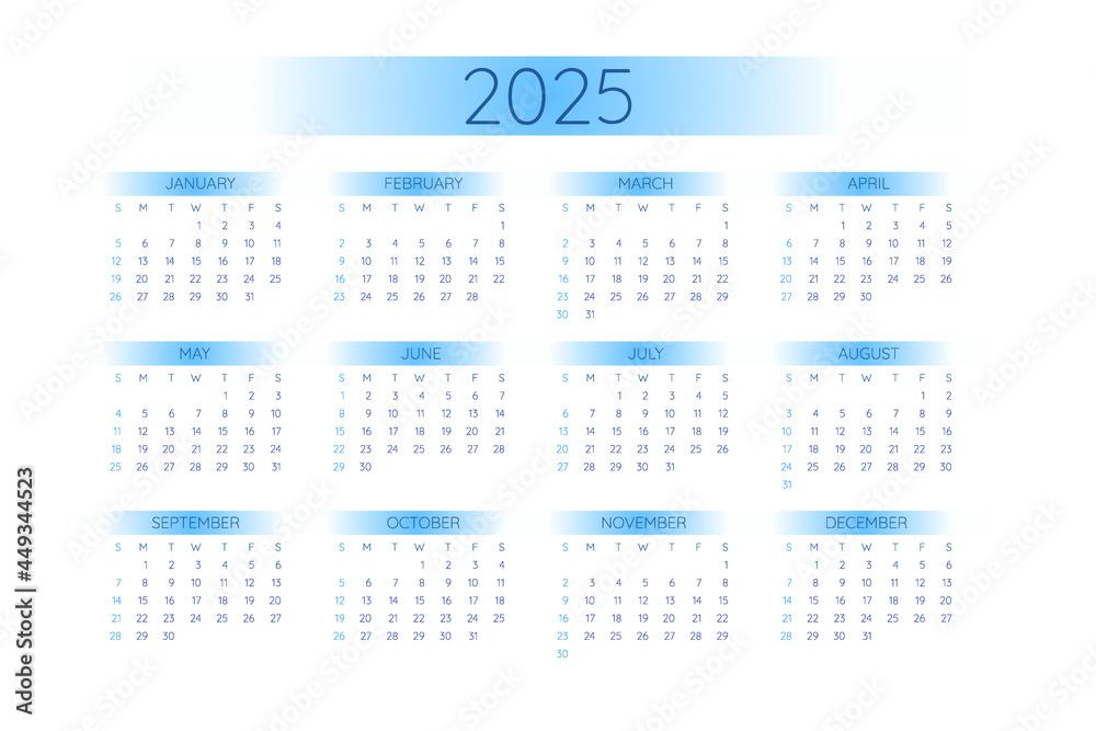 2025 pocket calendar template in strict minimalistic style with blue gradient elements, horizontal format. Week starts on Sunday