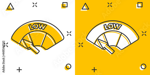 Cartoon colored low level icon in comic style. Speedometer, tachometer illustration pictogram. Low level sign splash business concept.