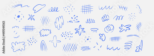 Large set of hand-drawn doodles. Spots, drops, curves, Lines. Modern Vector illustration. Doodle shapes. All elements are isolated