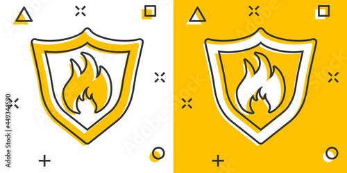 Vector cartoon fire warning shield sign icon in comic style. Flame protection sign illustration pictogram. Fire business splash effect concept.