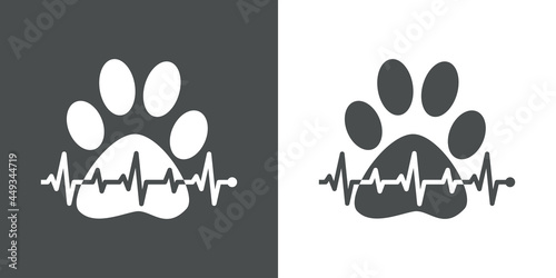 Asistencia sanitaria para mascotas. Logotipo lineal zarpa de gato con pulso cardíaco en fondo gris y fondo blanco
