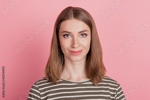 Portrait of cheerful lovely pretty lady look camera dream concept on pink background