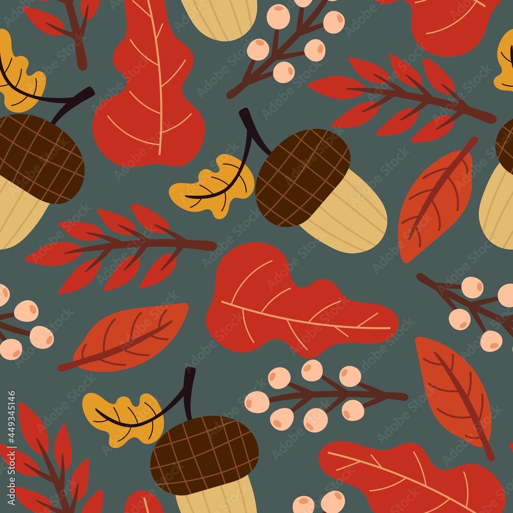 Seamless pattern with cartoon acorn, leaves, decoration elements. Forest, vector flat style. nature theme. hand drawing. design for fabric, textile, wrapper, print