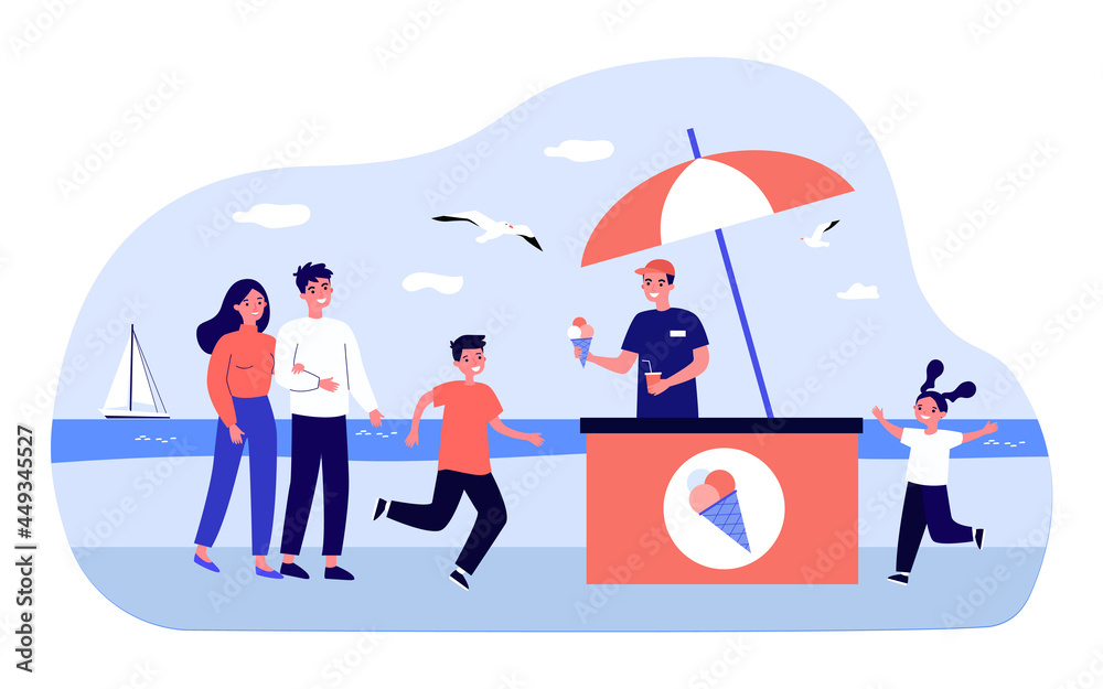 Young vendor selling ice cream on beach. Flat vector illustration. Happy children running up to get ice cream, couple walking along embankment. Summer, resort, dessert, heat concept for banner design Young vendor selling ice cream on beach. Flat vector illustration. Happy children running up to get ice cream, couple walking along embankment. Summer, resort, dessert, heat concept for banner design