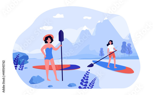 Woman paddle boarding on lake in mountains. Female character in swimsuit standing on shore with paddle flat vector illustration. Outdoor activity, sports concept for website design or landing web page