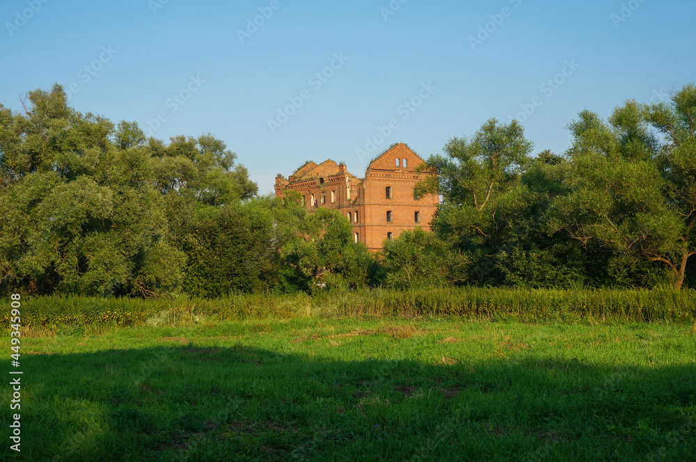 Ruins of the mill destroyed during World War II in the background. Natural landscape. Yuryatino (village in Kaluga Oblast), Russia.