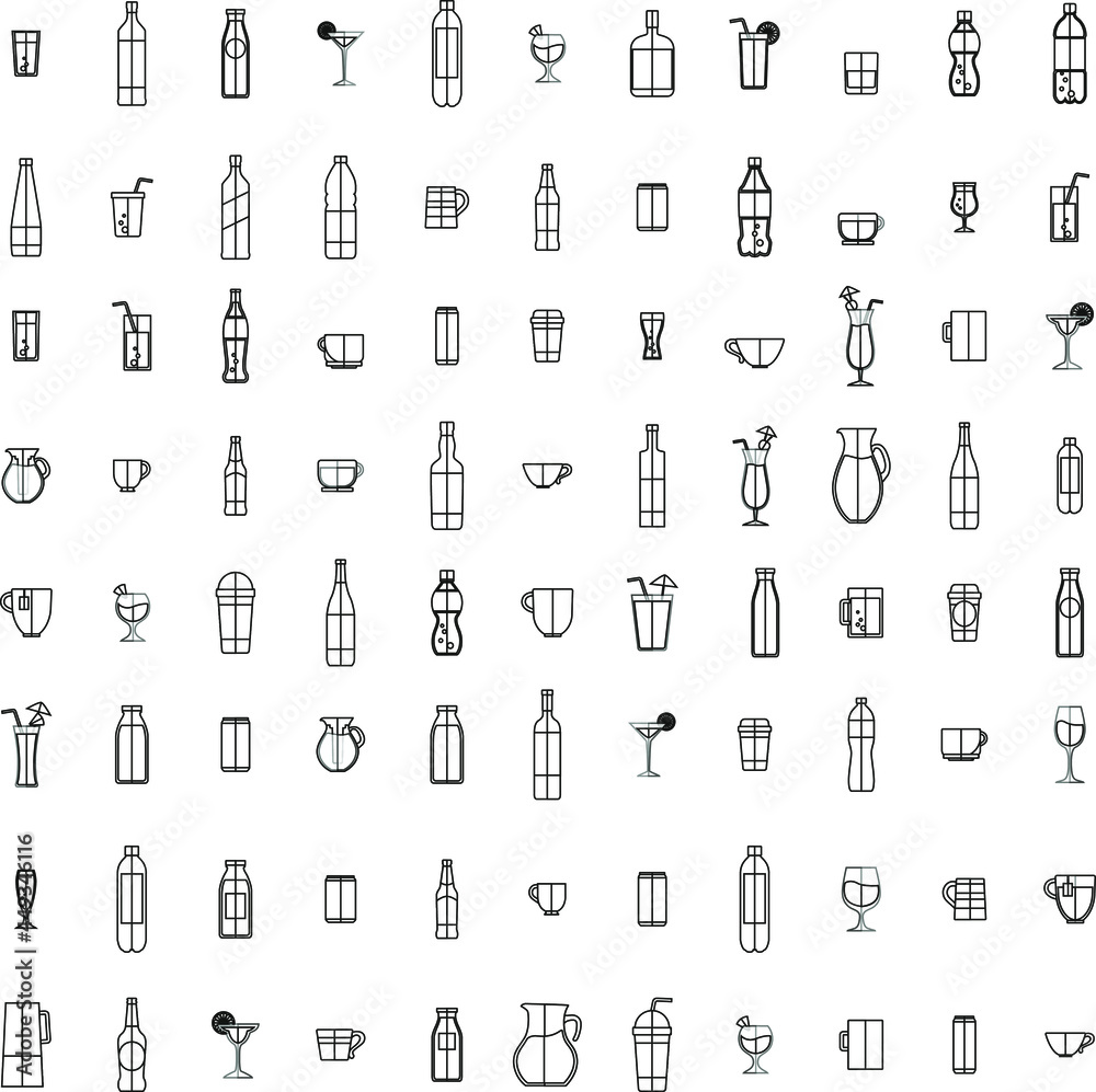 Outline Beverages with alcohol bottles colour collection icon vector set Outline Beverages with alcohol bottles colour collection icon vector set