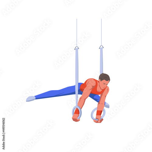 A gymnast with an athletic physique performs an exercise on rings holding himself parallel to the ground. Vector flat design illustration. Individual all-around competition scene.