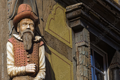 COLMAR, FRANCE, June 26, 2021 : Old architectural detail. City has a rich architectural heritage, including collegiate church, several convents, canals and houses from the Middle Ages. photo