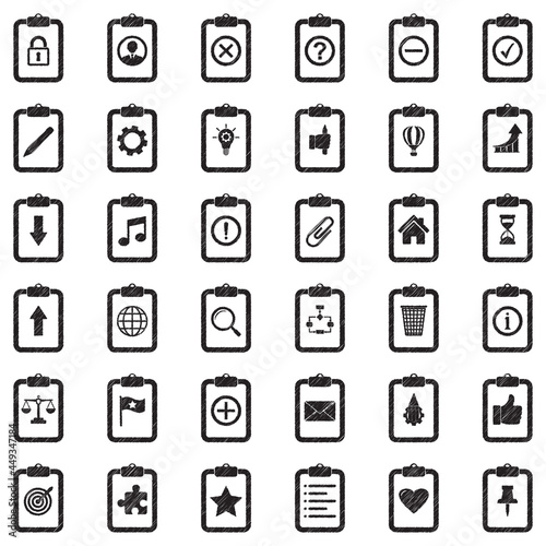 Tasks And Notes Icons. Black Scribble Design. Vector Illustration.