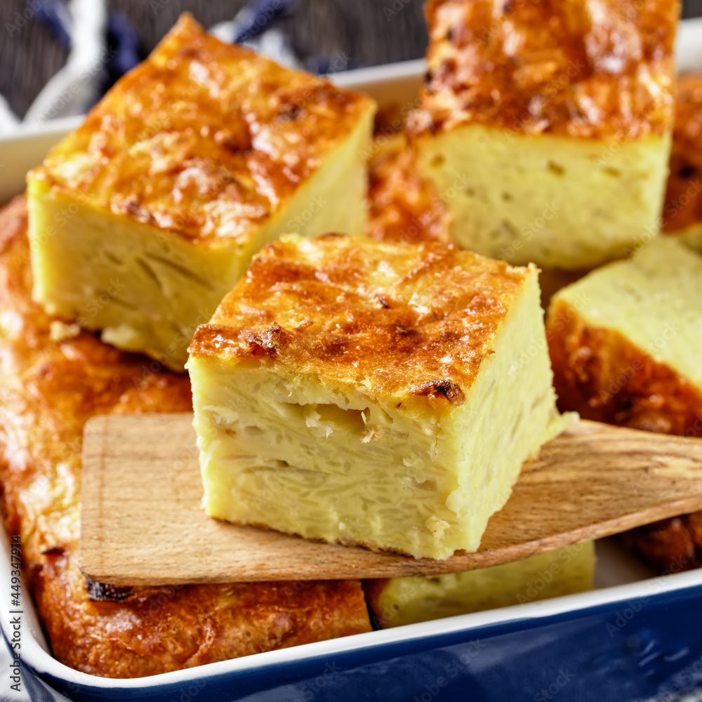 potato kugel, casserole of grated potato, top view potato kugel, casserole of grated potato, top view