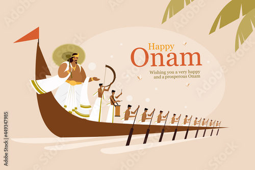 King Mahabali and rowers in a snake boat celebrating Onam . Onam is a harvest festival in Kerala, India