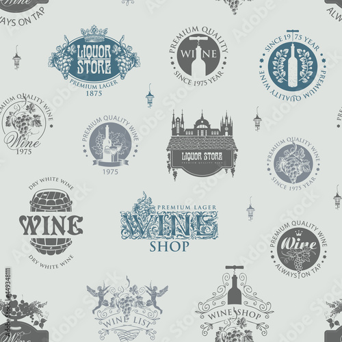 Seamless pattern with wine labels, logos, emblems, signs on a light backdrop. Vector background on the theme of liquor stores and wine in retro style. Suitable for wallpaper, wrapping paper, fabric