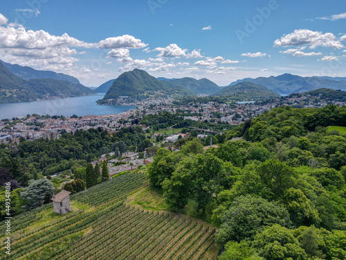 Foto Drone view at Lugano and his lake on the italian part of Switzerland