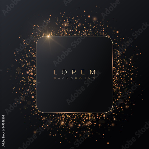 Pale pink square 3d background mockup shape with gold frame and shiny glitter.