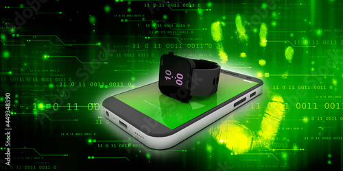 3d rendering fitness bracelet smart watch with mobile phone
