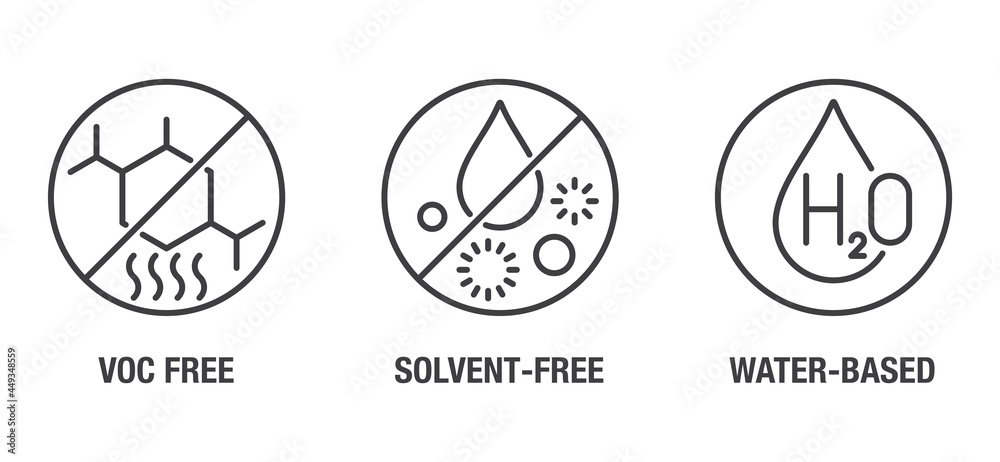VOC free, Solvent free, Water-based icons set Stock Vector | Adobe Stock