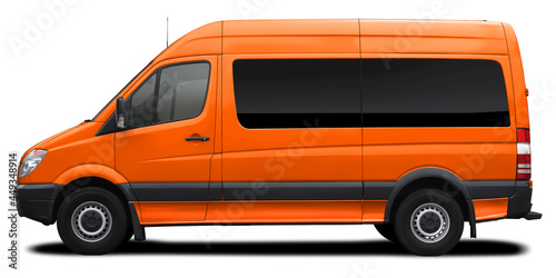 Side view of a modern passenger short-base American minibus in orange. Isolated on a white background. photo