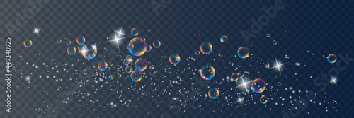 Set of realistic colorful soap bubbles to create a design. Transparent realistic soap bubbles isolated on transparent background.
