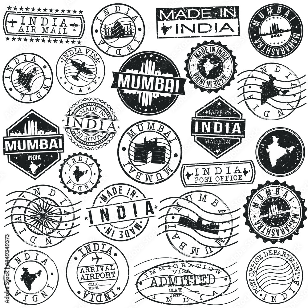 Fototapeta premium Mumbai, Maharashtra, India Set of Stamp. Vector Art Postal Passport Travel Design. Travel and Business Seals.