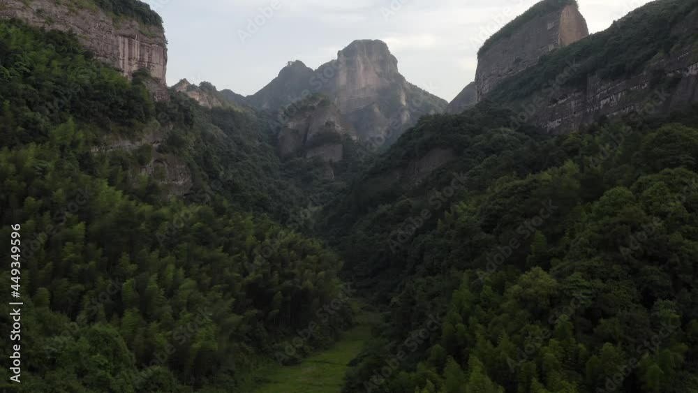 Aerial: beautiful forest in Bajiao Shan mountain valley, China, 4K landscape Aerial: beautiful forest in Bajiao Shan mountain valley, China, 4K landscape