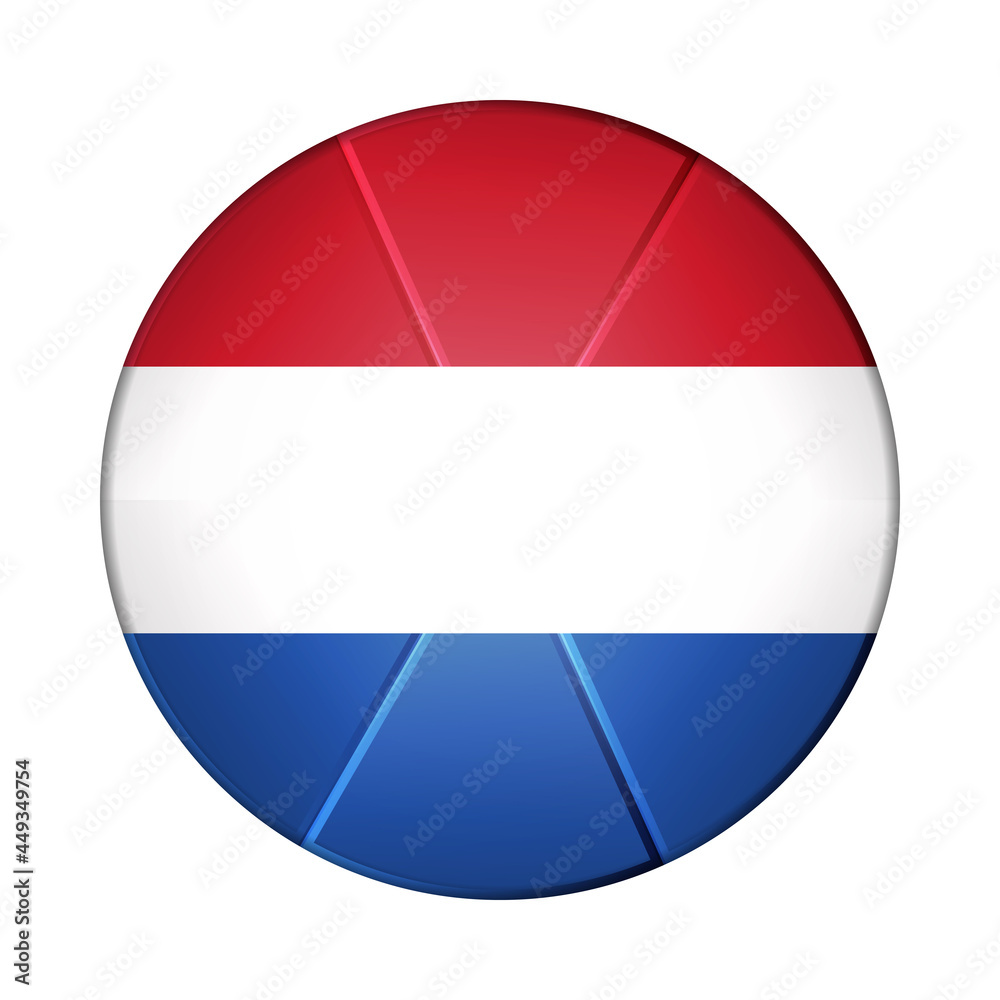 Glass light ball with flag of Netherlands. Round sphere, template icon. Dutch national symbol. Glossy realistic ball, 3D abstract vector illustration highlighted on a white background. Big bubble Glass light ball with flag of Netherlands. Round sphere, template icon. Dutch national symbol. Glossy realistic ball, 3D abstract vector illustration highlighted on a white background. Big bubble