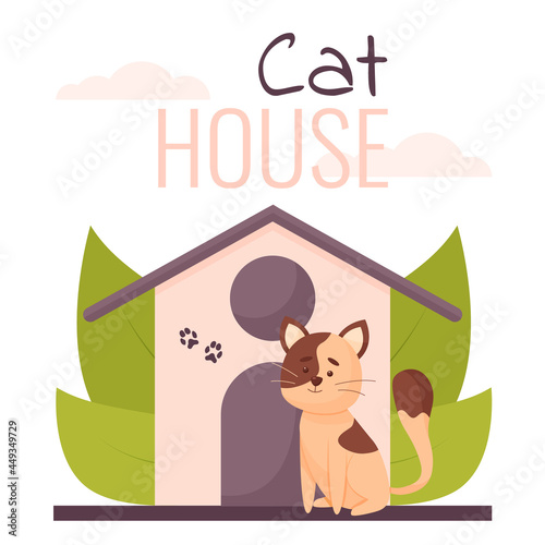 Cat house or shelter concept. Cute illustration of a cat, house with plants, and lettering. Cartoon vector