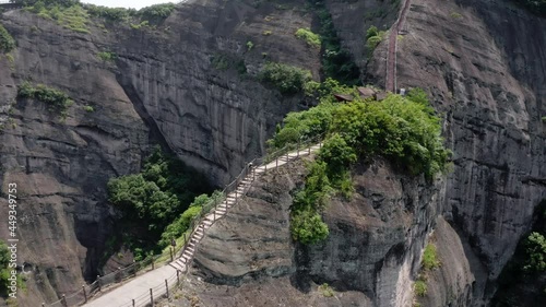 Hiking steps over mountain rocky ridge, Bajiaozhai shan mountain, China, aerial photo