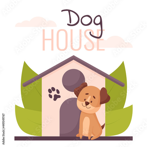 Dog house, hotel, or shelter concept. Cute illustration of animal house with plants and lettering. Cartoon vector