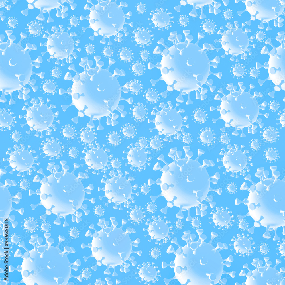Seamless pattern with sky blue background color and lots of transparent round viruses of different sizes. Pattern for fabric, packaging paper with coronaviruses.