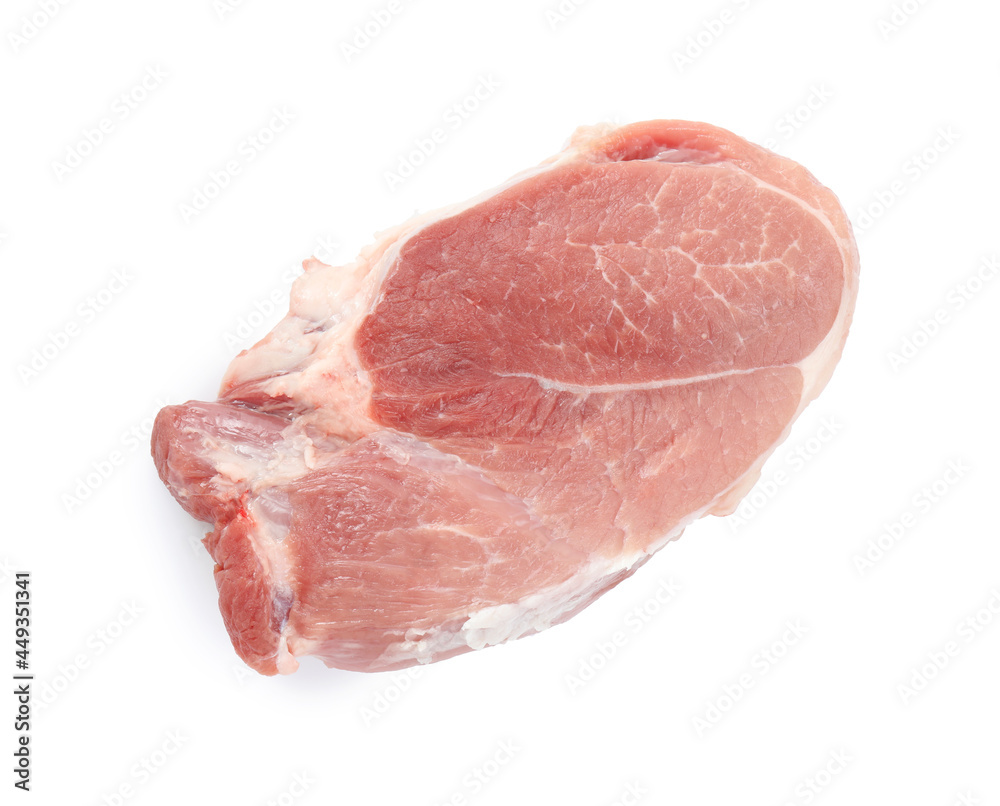 Piece of raw meat isolated on white, top view