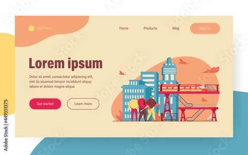 Tiny people conducting construction job. Railway, infrastructure, bridges flat vector illustration. Civil engineering, construction industry concept for banner, website design or landing web page