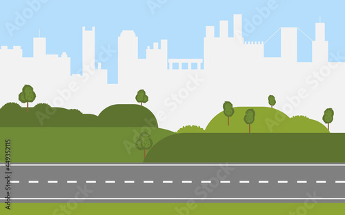 Straight empty road on city background. Green hills,meadow. Summer landscape