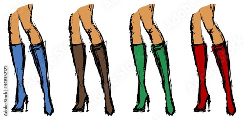 Rough freehand sketch of female legs wearing high heel knee boots. Set of color rough clipart of the women legs isolated on white background