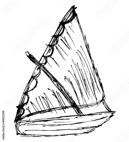 Rough freehand pencil drawing of sailing boat. Simple black and white grunge outline vector ship clipart