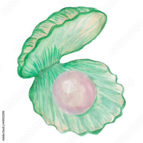 Vector clipart of the green seashell with pearl inside, stylized as watercolor. Open shell with pink ball inside, isolated on white background