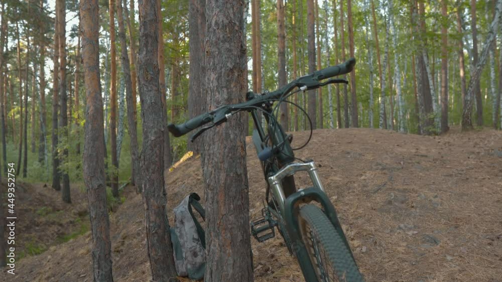 Bicycle Stands Near A Tree, Backpack Lies Nearby, Pine Forest. Smooth Camera Movement. Cycling and Cycling Concept, Adventure and Travel Concept. Free Movement on Free Transport Bicycle Stands Near A Tree, Backpack Lies Nearby, Pine Forest. Smooth Camera Movement. Cycling and Cycling Concept, Adventure and Travel Concept. Free Movement on Free Transport