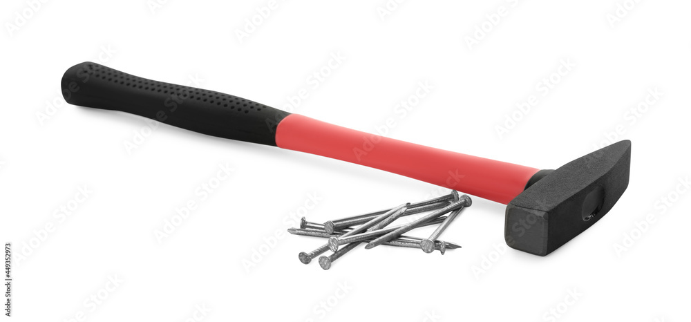 Hammer and metal nails on white background Hammer and metal nails on white background