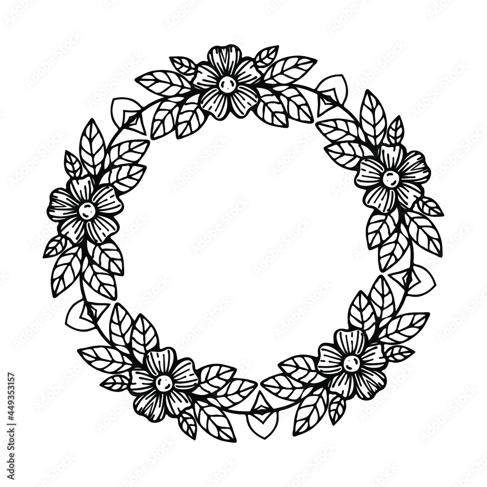 Circular pattern with floral wreath. Illustration for wedding invitations, cards, posters, packing. Flower frame for photo. Antistress coloring book for adults and children. 