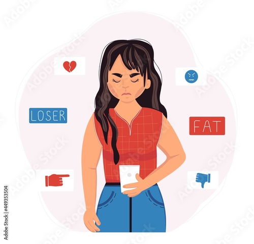 Cyber bullying concept. Sad teenage girl with smartphone. Vector illustration