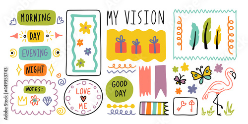 Diary bullet cute journal border elements. Note icon, sticker for school. Vector illustration