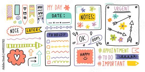 Diary bullet cute journal border elements. Note icon, sticker for school. Vector illustration