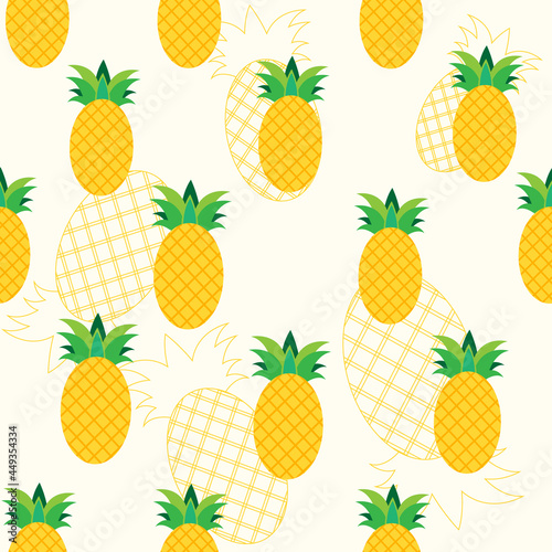 Cute tropical ananas pineapple fruit seamless pattern on yellow pastel background. Vector illustration.