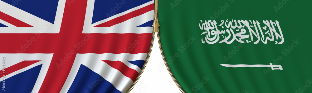 the United Kingdom and Saudi Arabia cooperation or conflict, flags and closing or opening zipper between them. Conceptual 3D rendering the United Kingdom and Saudi Arabia cooperation or conflict, flags and closing or opening zipper between them. Conceptual 3D rendering