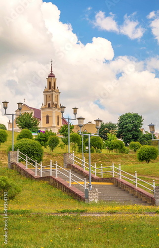Catholic temple and bell tower on a hill in the city of Grodno