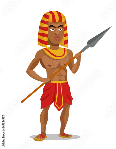 Egyptian warrior holding spear. Male character in cartoon style.